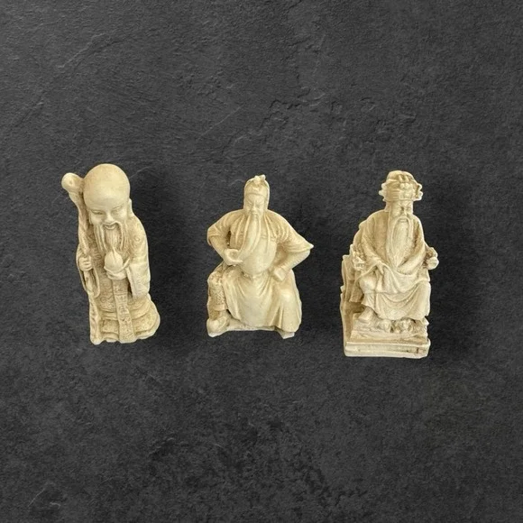 Vintage Chinese Resin Figurines Set of 6 Faux Ivory Decor Mid Century Intricate‎
